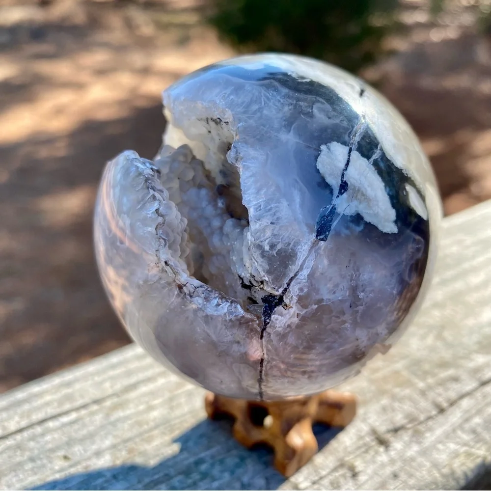 Large HQ Polished UV Reactive Volcano Agate Sphere w/ Wooden Stand - Picture 4 of 16